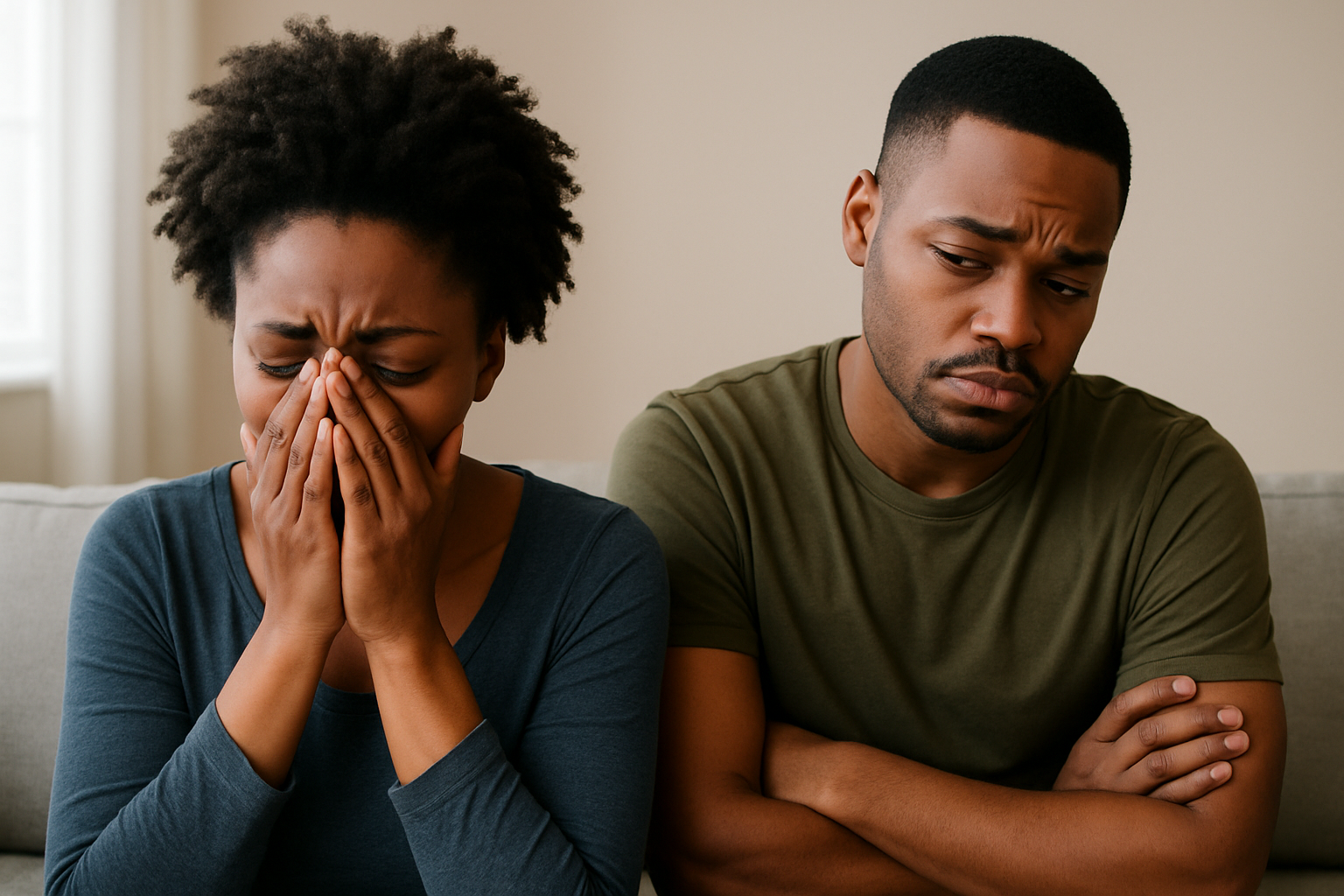 a black couple sitting on opposite sides of the couch one p - Symmetricly marriage after infidelity